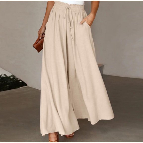 Pants for Women Casual Elastic Waist Wide Leg Pants with Pockets Apricot 2XL