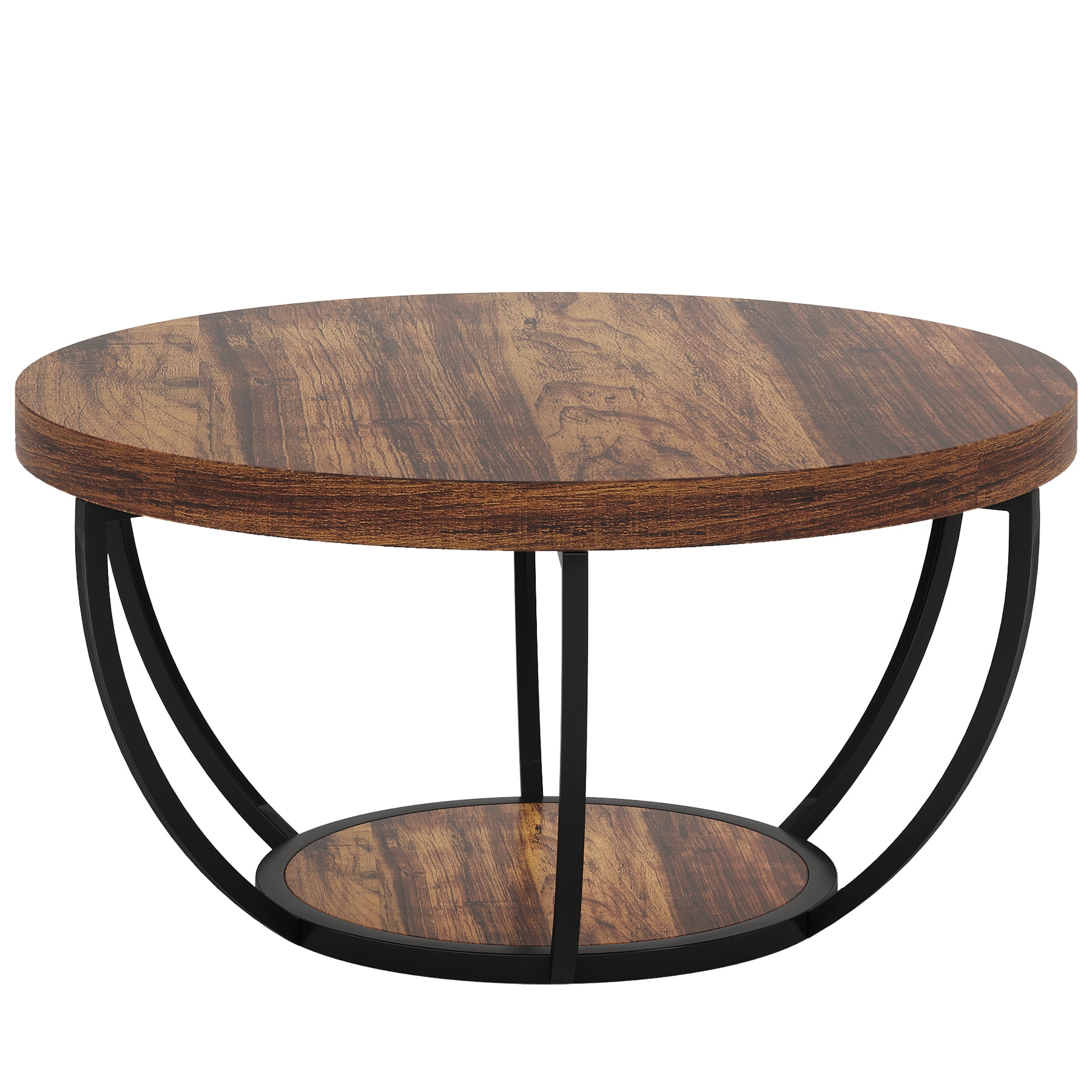 Fnova Coffee Table with 2 - Tier Storage, 32" Round Wood Coffee Table with Metal Legs, Modern Rustic Style Center Table for Living Room, Dark Brown and Black