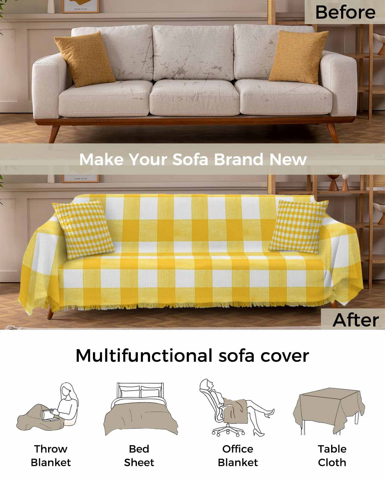 Yellow Couch Cover Sofa Covers 3 Cushion Sectional Couch, Country French Rustic Buffalo Plaid Modern Art Washable Sofa Covers Slipcover Sectional Sofa Cover, Furniture Protector 71"x150"