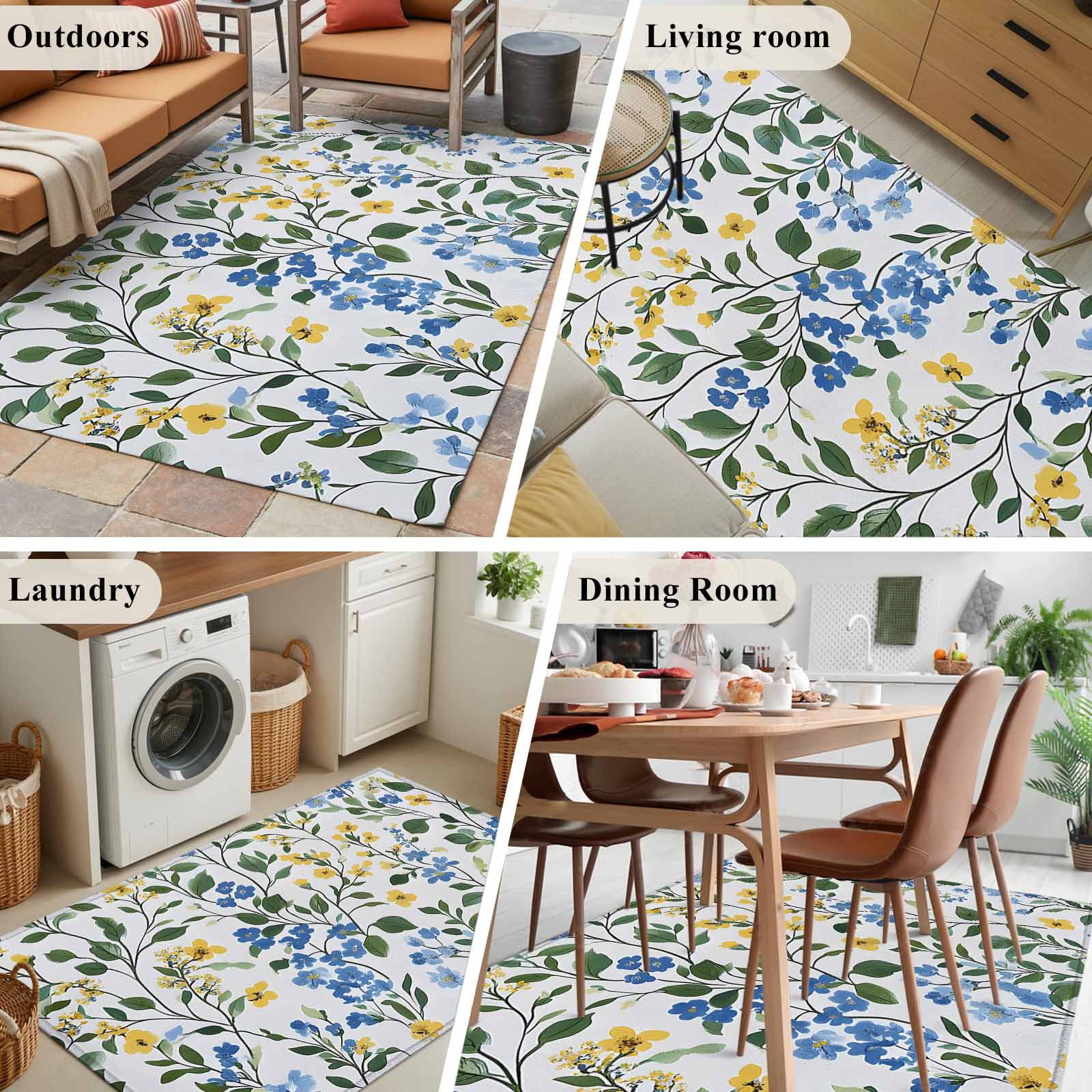 4'x6' Area Rugs, Blue Yellow Floral Spring Indoor Outdoor Area Rug for Living Room Bedroom, Green Pastoral Summer Botanical Washable Bathroom Rugs Kitchen Floor Carpet Mats Home Decor Aesthetic