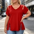 thumbnail image 2 of Scyoekwg Womens Plus Size Tops V-Neck Lace Up Cut Out Short Sleeve T-Shirt Solid Color Loose Fit Summer Blouses (Z01_Red,XXXXL), 2 of 7