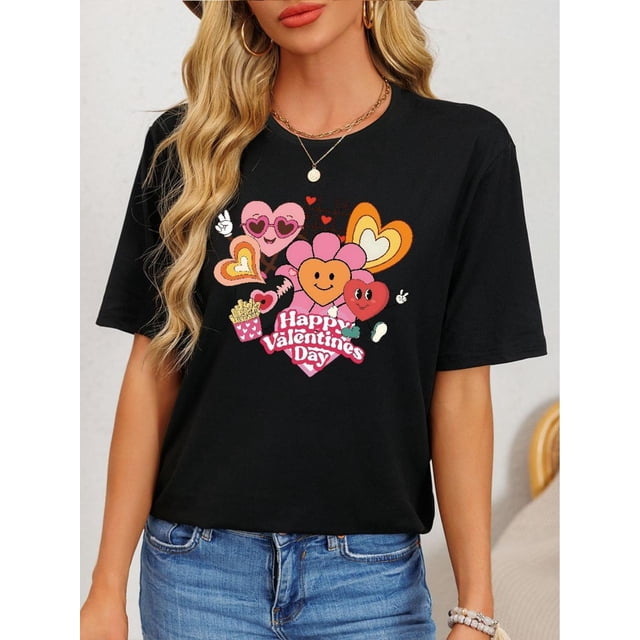 1 Pce T-Shirt de la Saint-Valentin pour Femmes, Col Rond Décontracté, Haut en Polyester avec Imprimé Floral, Manches Courtes, Coupe Régulière, pour Printemps/été, Fête des Mères, Nouvel An, Festival de Printemps, Saint-Valentin