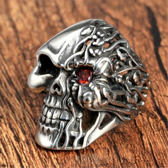 Mens Alloy Electroplated Skull Ring with Red Diamond Zircon Stone Simple One-Eye Design and Ideal Gift for Him Fashion Jewelry Ring