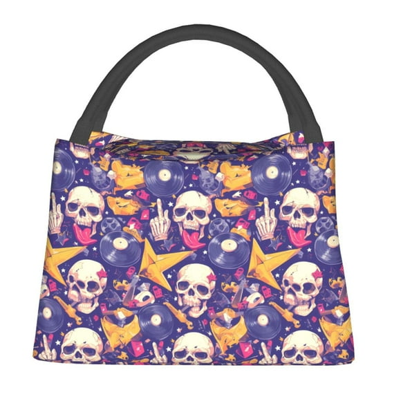 Fotbe rock Skull record Bolsa Térmica Portátil con Estampado, Bolsa de Entrega de Alimentos Aislada, Bolsa Reutilizable de Gran Capacidad para Comidas y Supermercado