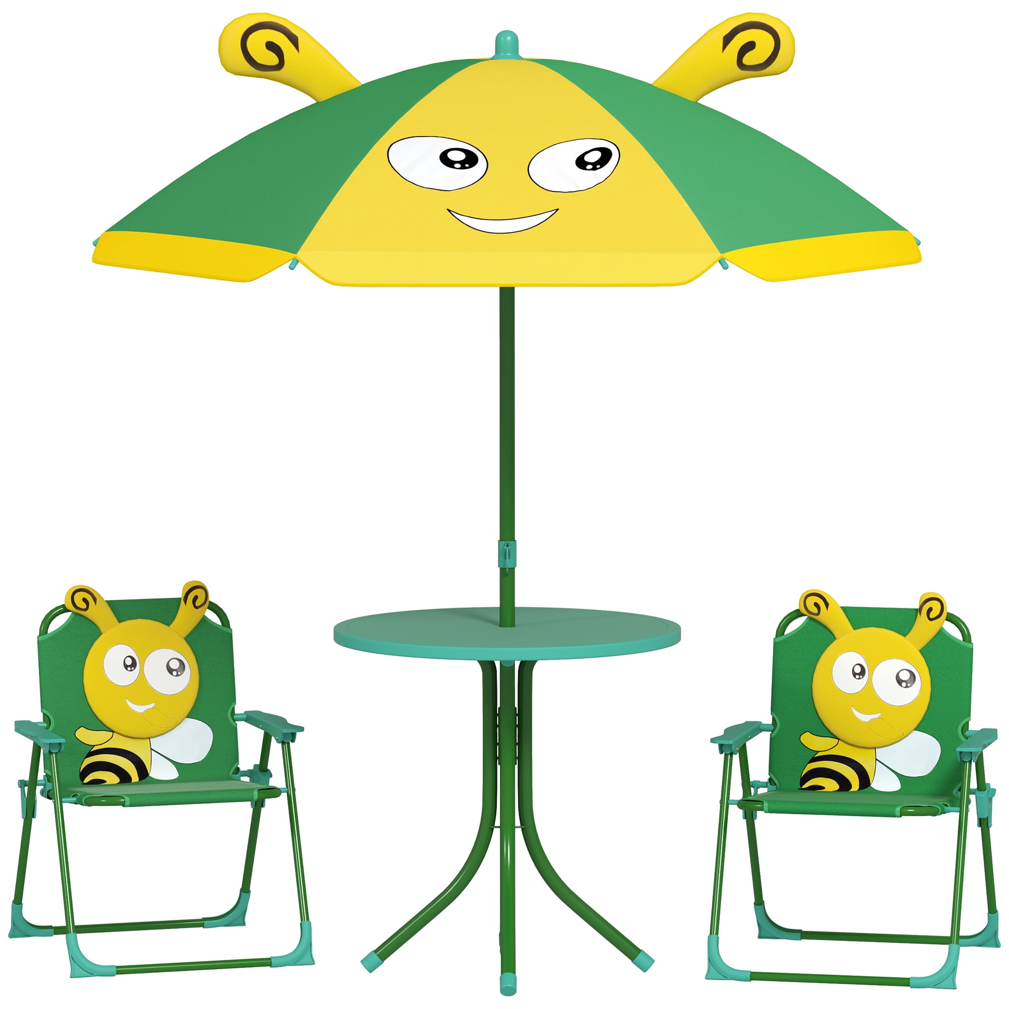 Qaba Kids Picnic Table and Chair Set, Bee Pattern Outdoor Activity Table with Foldable Chairs, Height Adjustable Umbrella for Backyard, Garden, Green