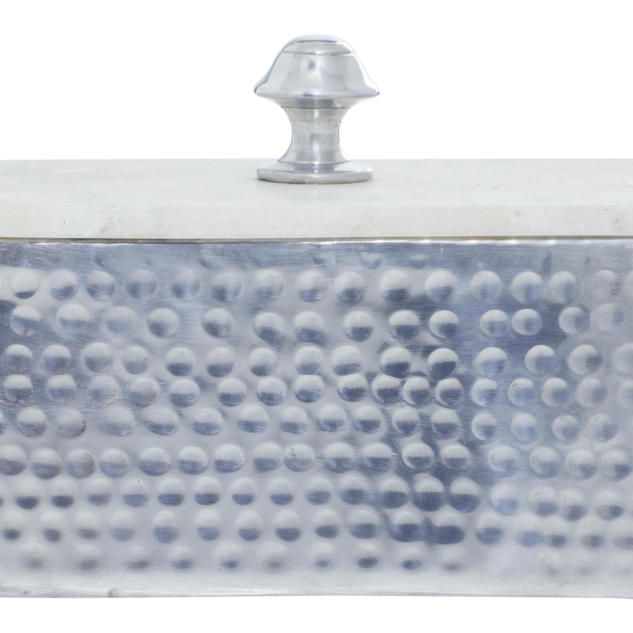 DecMode Hammered Silver Aluminum Metal Decorative Jewelry Box with White Marble Lid