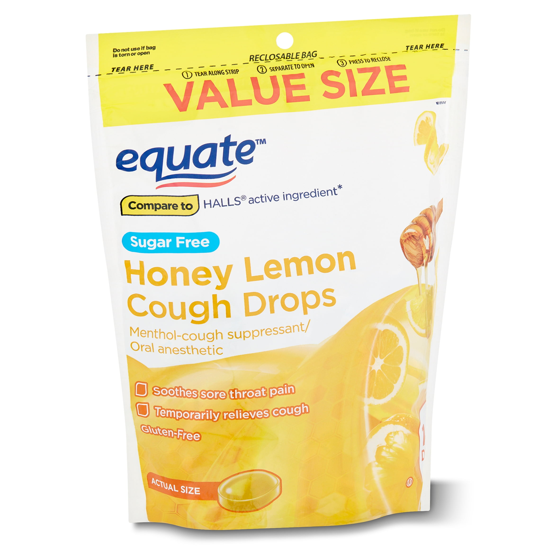 Equate Sugar Free Honey Lemon Cough Drops Value Size with Menthol, 140