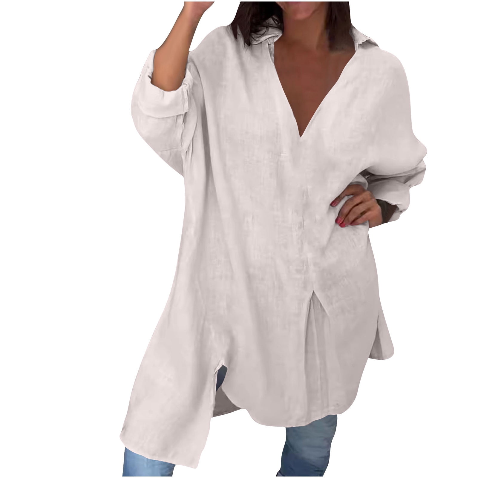 Women Cotton Linen Shirts Dress Long Sleeve Dress Shirts V-neck Blouses Beach Casual Solid Tunic Sundress