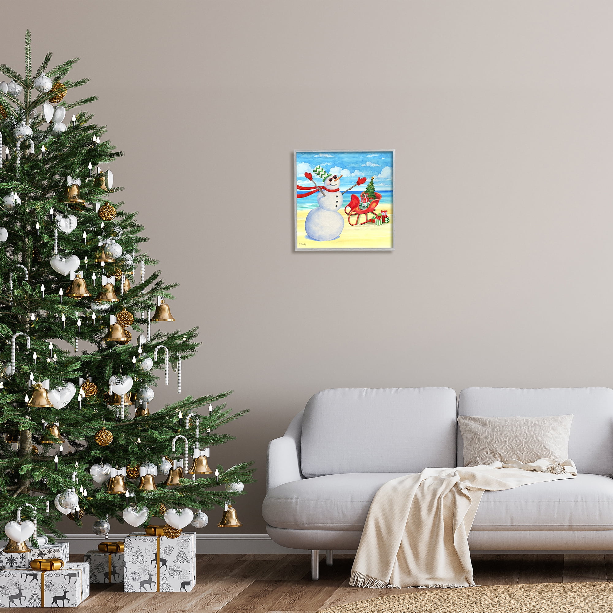 Stupell Industries Snowman on Beach Scene Holiday Painting Gray Framed Art Print Wall Art, 17 x 17