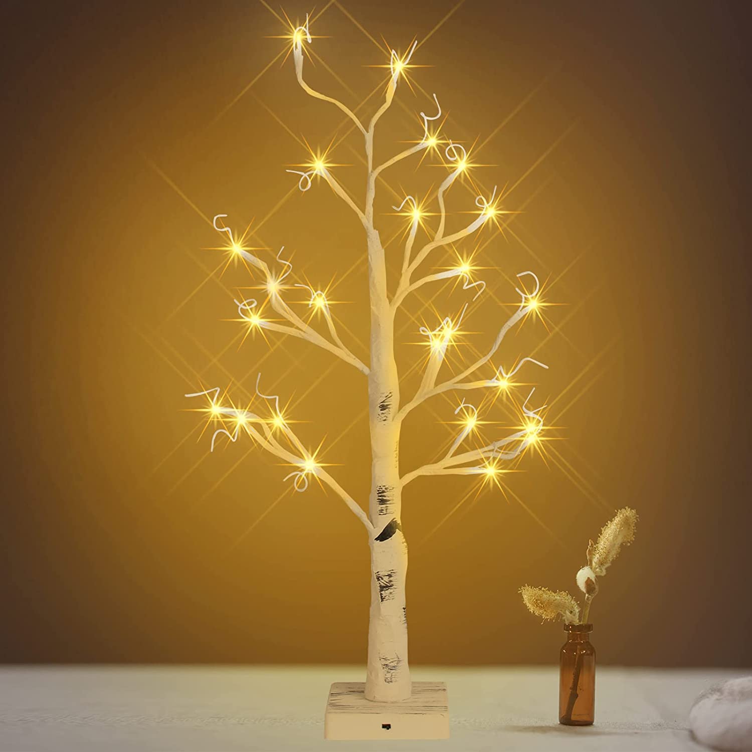 2Ft Tabletop Birch Tree Light, Timing Small Birch Tree With 24 Led Lights Battery Powered