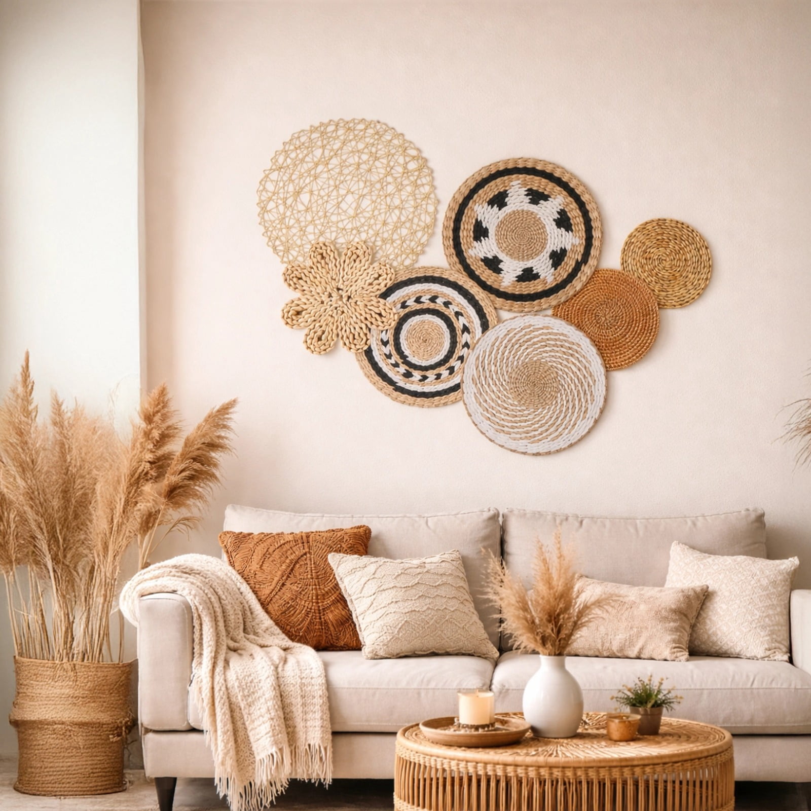 7 Pcs Bohemian Basket Wall Decor Set,Hanging Woven Wall Baskets,Handcrafted Wicker Round Seagrass Wall Art,Decorative Rustic Bohemian Basket Decor,Woven Straw Baskets for Living Room Bedroom Decor