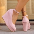 thumbnail image 5 of Platform Wedge Suede Loafers for Women Round Toe Chunky Heel Non Slip Casual Dressy Shoes with Ankle Strap Pink Size 6.5, 5 of 8