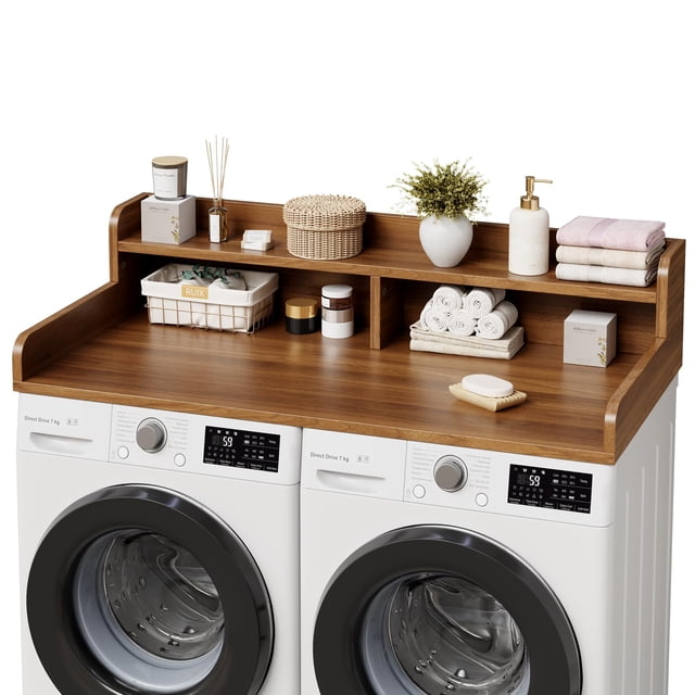 54" Washer Dryer Countertop with 2-Tier Shelf & 2 Drawers, Wooden Laundry Countertop with Non-Slip Pad and Guard Rails Washer and Dryer Topper for Laundry Room Organization and Storage