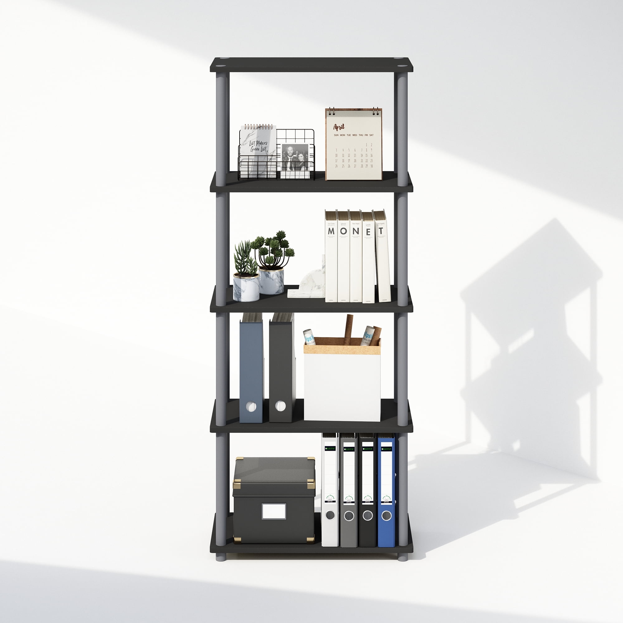 Furinno Turn-N-Tube 5-Tier Multipurpose Compact Display Rack, Shelving Unit, Bookcase, Black/Grey