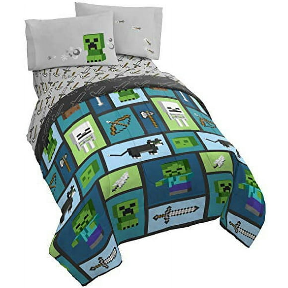 Minecraft Chibi College 5 Piece Full Bed Set - Includes Reversible Comforter & Sheet Set - Bedding Features Creeper & Ghost - Super Soft Fade Resistant Microfiber - (Official Minecraft Product)