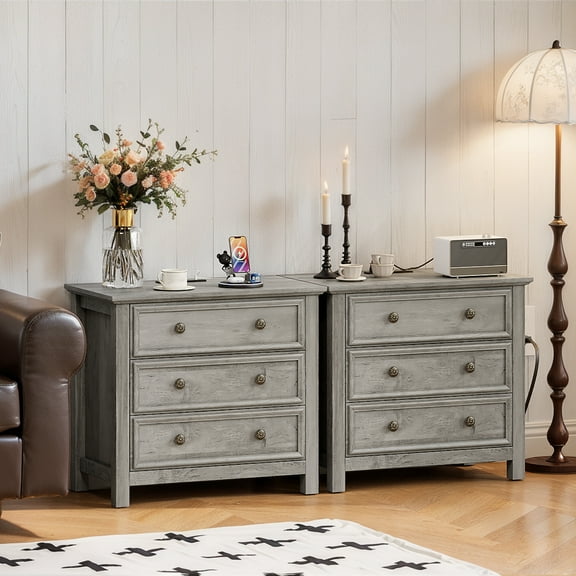 Holliwill 26.7" Wide Nightstand Set of 2 with Charging Station, Farmhouse Nightstands with 3 Drawers, End Table Bedside Table for Bedroom Enrtyway Living Room, Gray