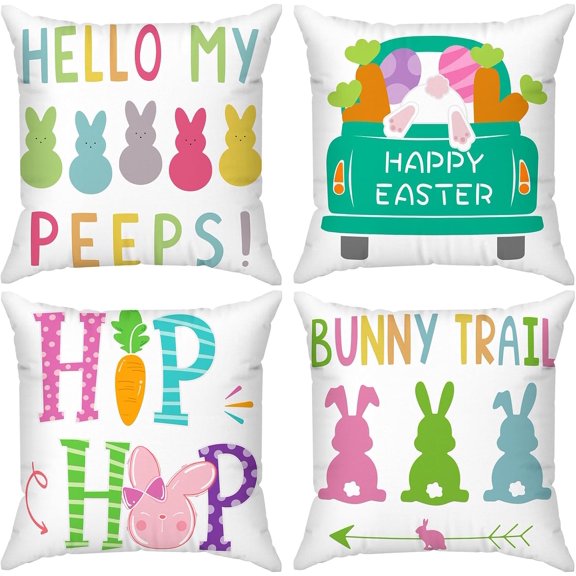 hofaaa Easter Pillow Covers 18x18 Set of 4 Easter Decorations for Home Bunny Truck Hello Peeps Hip Hop Colorful Pillows Easter Decorative Throw Pillows Spring Easter Farmhouse Decor