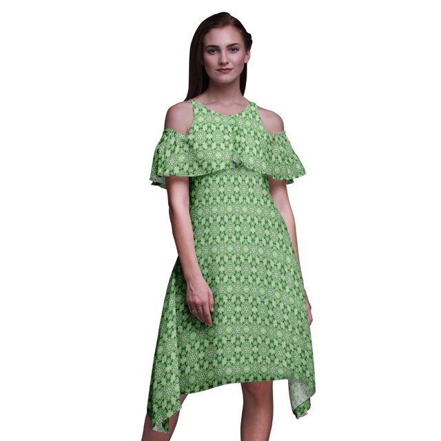 Bimba Green Tie-Dye Print Cold Shoulder Women Swing Tunic Flutter Sleeve Midi Dress - Small