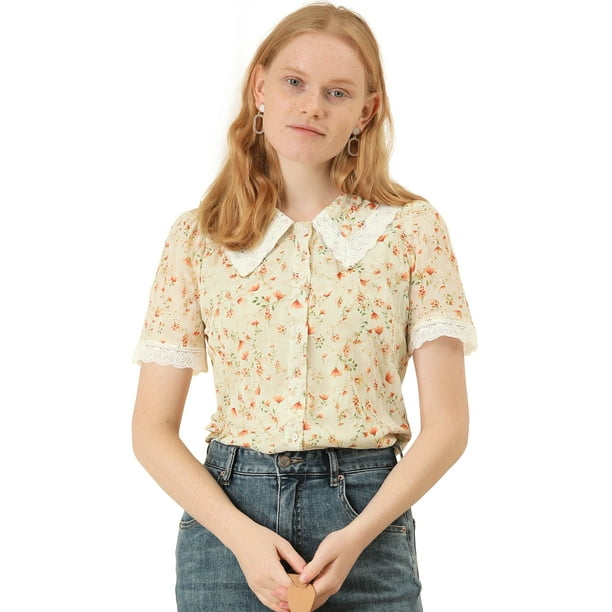 Blusa de manga corta floral bordada con encaje y cuello Peter Pan para mujer Beige L