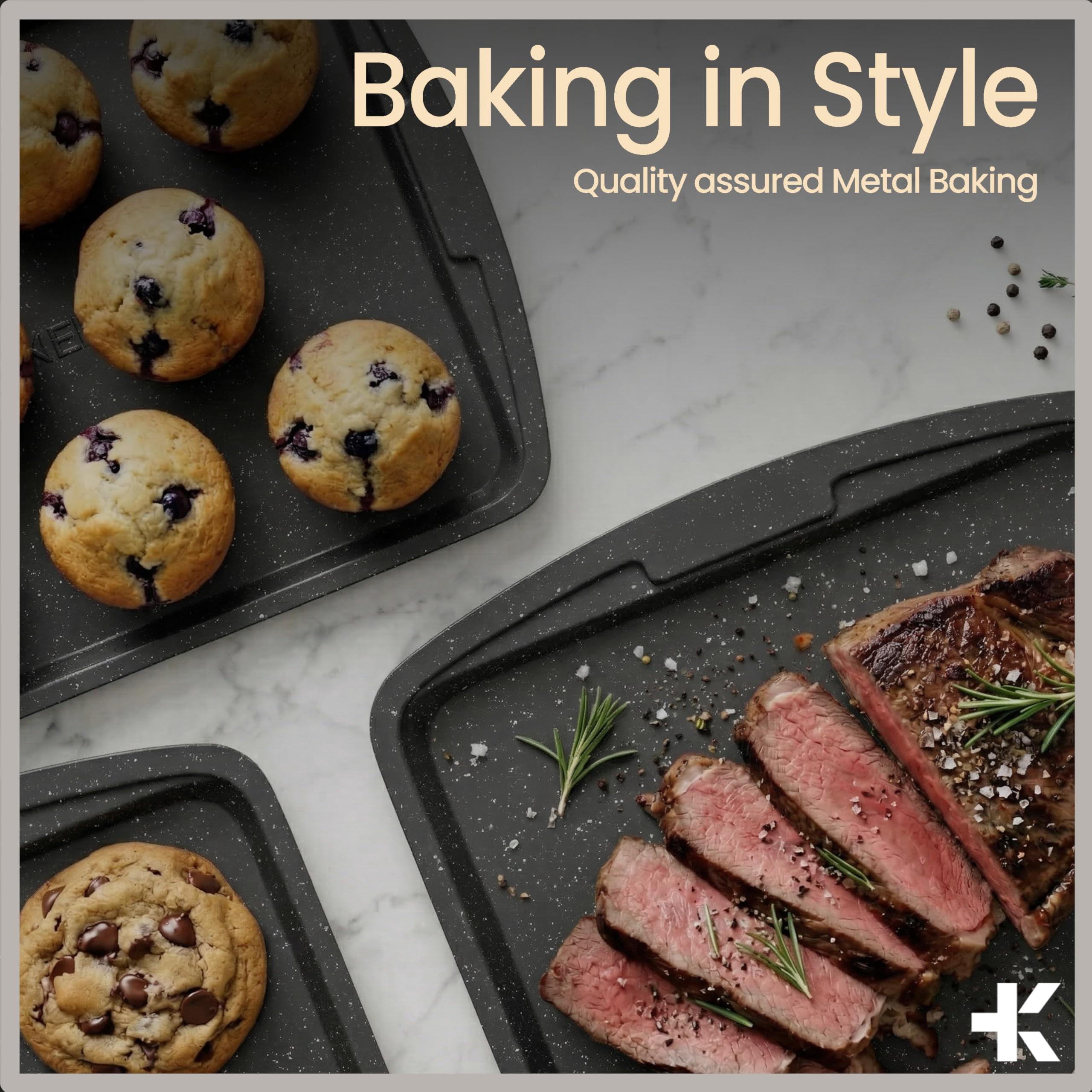 Bakken- Swiss Kitchen Baking Pan Set - Nonstick Gray Marble Coating, Commercial Grade Carbon Steel, Baking Kitchen Essentials, Oven Safe Tray (Up To 450° F), Set of 6