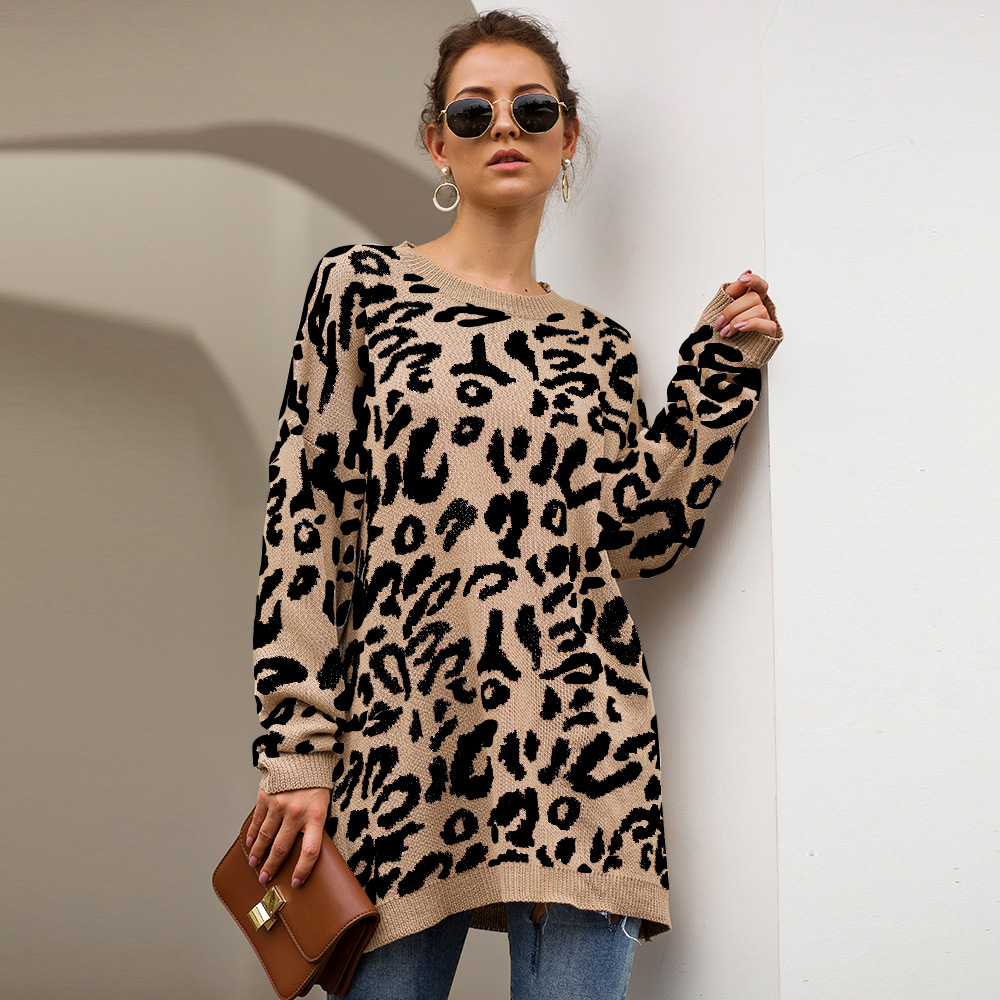 Xgeek Women's Leopard Print Oversized Crew Neck Trendy Knitted Pullover Sweater Tops, Size: Medium, Beige