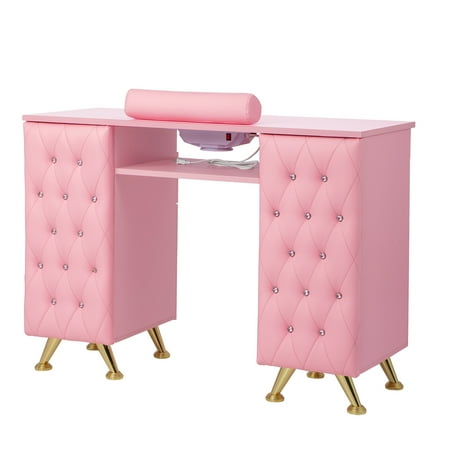 OmySalon Nail Table with Built-in Dust Collector Tufted Nail Tech Desk with Storage & Hand Rest Acetone Resistant Beauty Station for Salon & Spa