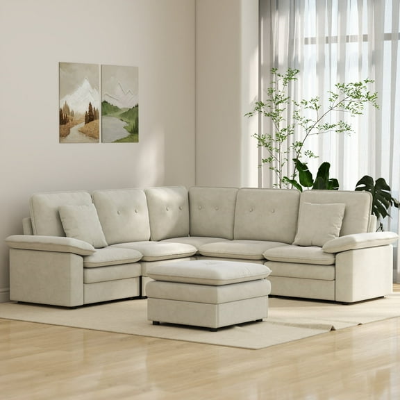 Kinsuite 6-Seat Sectional Sofa - 114" L Modern Couch with Ottoman, Free Combination Corner Sectional with Double Layer Cushions, Modular Sectional Sofa for Living Room, Beige