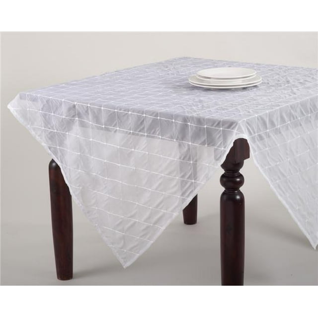 SARO 1714.W60S 60 in. Square Stitched Sheer Design Polyester Topper or Tablecloth - White