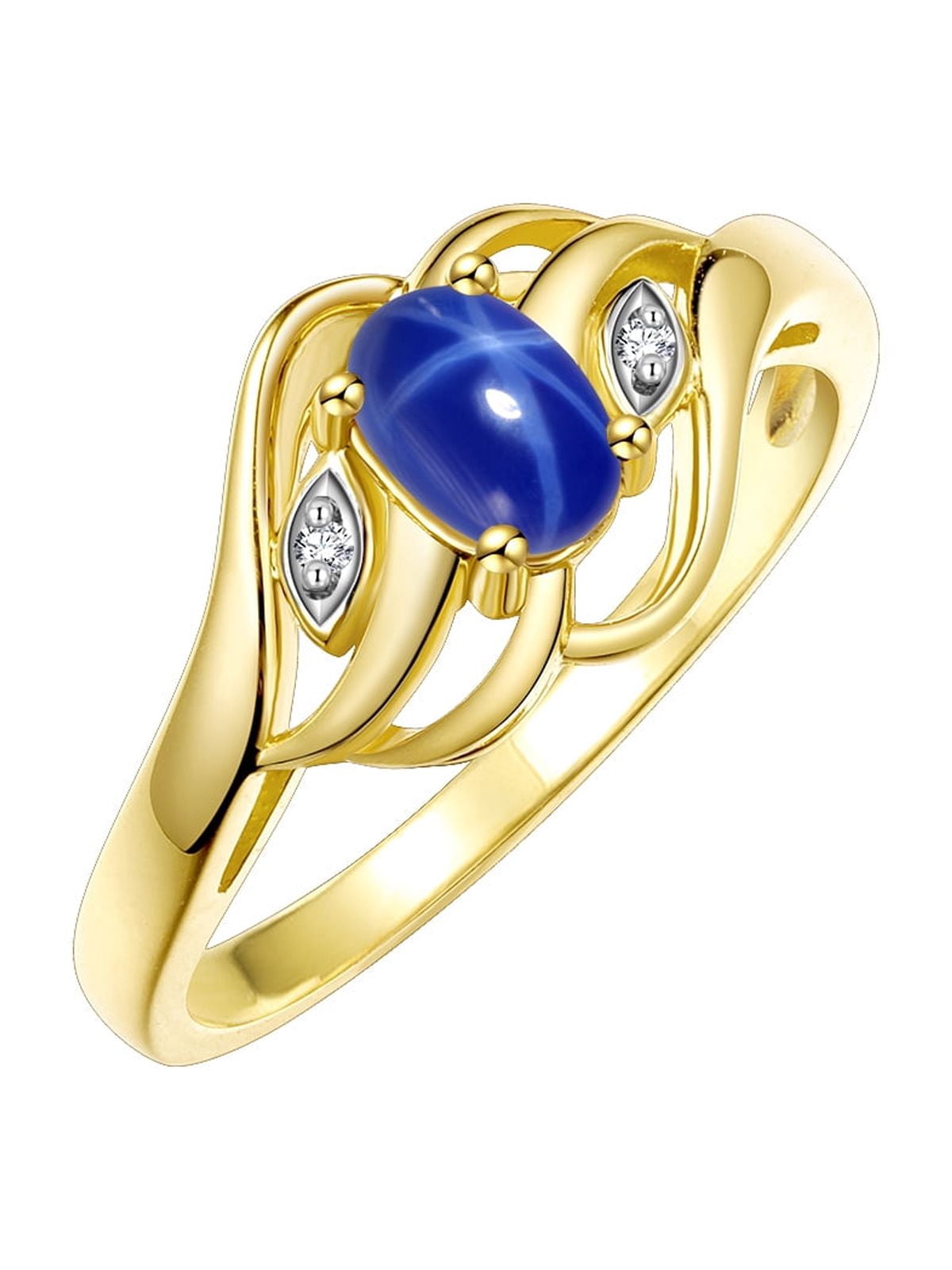 RYLOS Rings for Women 14K Gold Plated Silver Ring Classic Style Birthstone Ring 6X4MM Gemstone & Diamonds Blue Star Sapphire Jewelry for Women Size 7