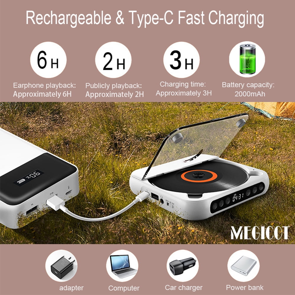 MEGICOT Bluetooth Rechargeable CD Player with Hold Function LED Display USB Audio Port, 2000mAh Personal MP3 CD Player for Listening Music Prenatal Education Children Study