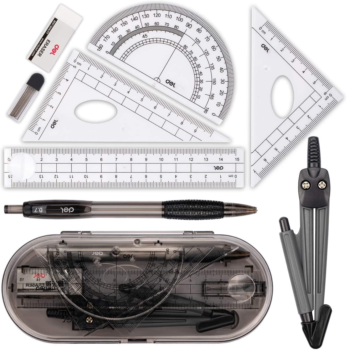 8PC Geometry School Math Set With Compass Rulers Sharpener Pencil 