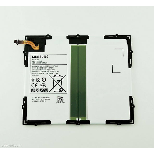 Batterie de Remplacement pour Tablette Samsung Tab A 10,1 Pouces, T580 T585 EB-BT585ABE. la Batterie A une Capacité de 7300 mAh, une Limite de Tension de 3,7 V, et Est compatible avec Samsung Galaxy Tab A 10,1 Pouces Modèles T580 et T585. l'Image Montre une Batterie Rectangulaire au lithium-ion avec des Spécifications Étiquetées, Incluant le Numéro de Modèle EB-BT585ABE, et une Bande de Connecteur flexible en Haut à Gauche. la surface Blanche