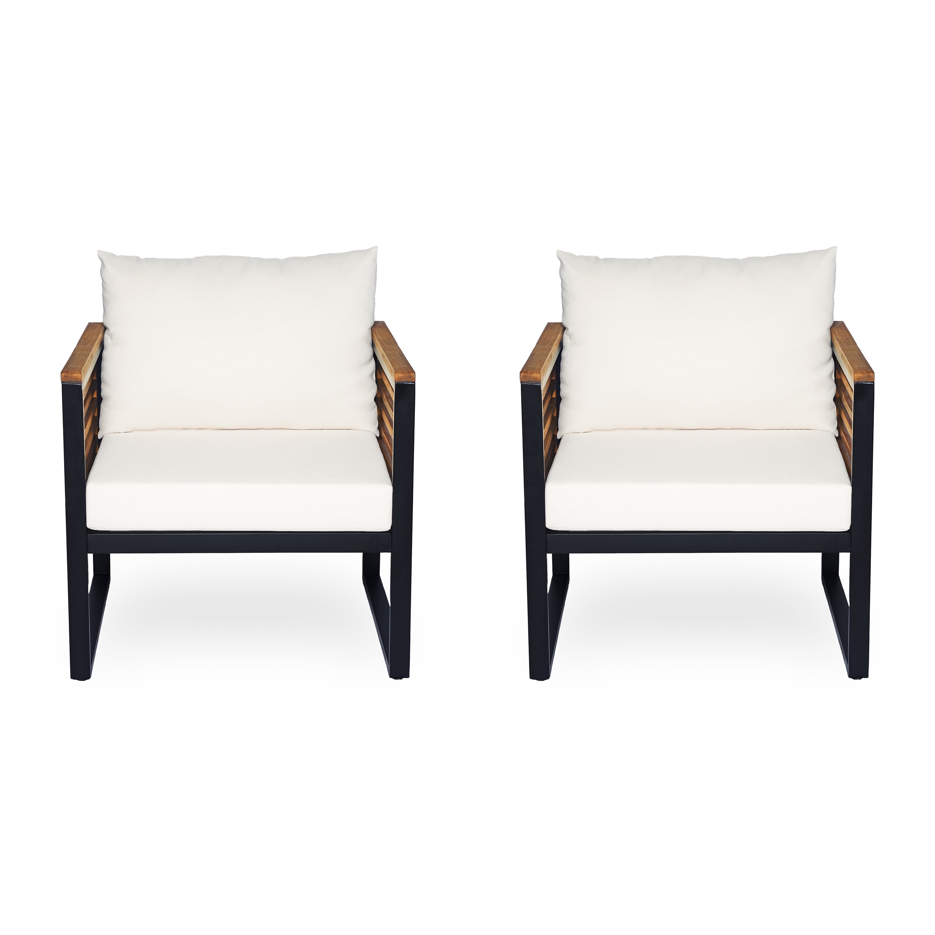 Cushioned Patio Chairs Set of 2, Outdoor Acacia Wood and Metal Seating Chairs for Garden, Black and Beige