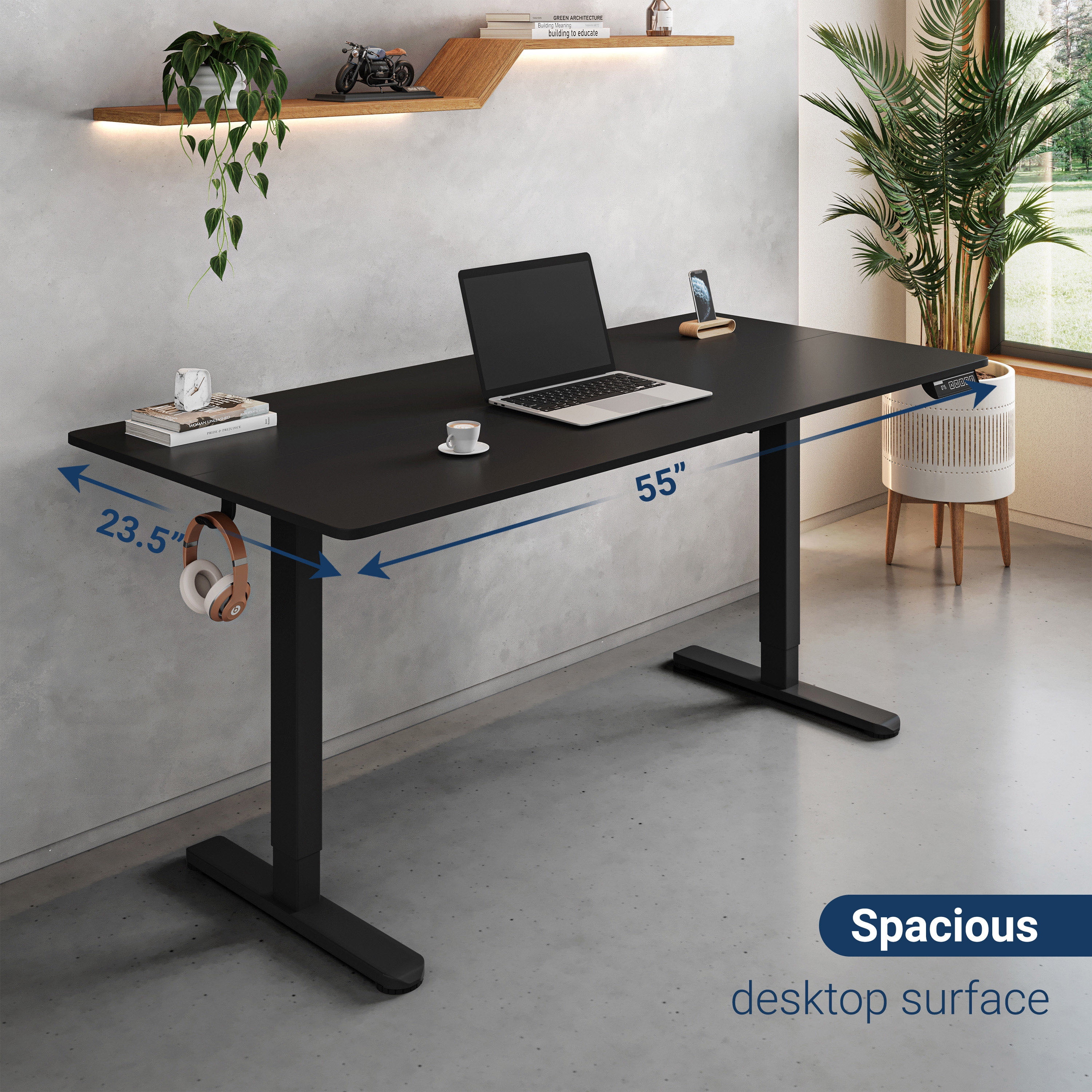 55" W Electric Standing Desk, Heigh Adjustable Sit-to-Stand Desk with 3 Memory Presets and Dual Accessory Hooks, Black