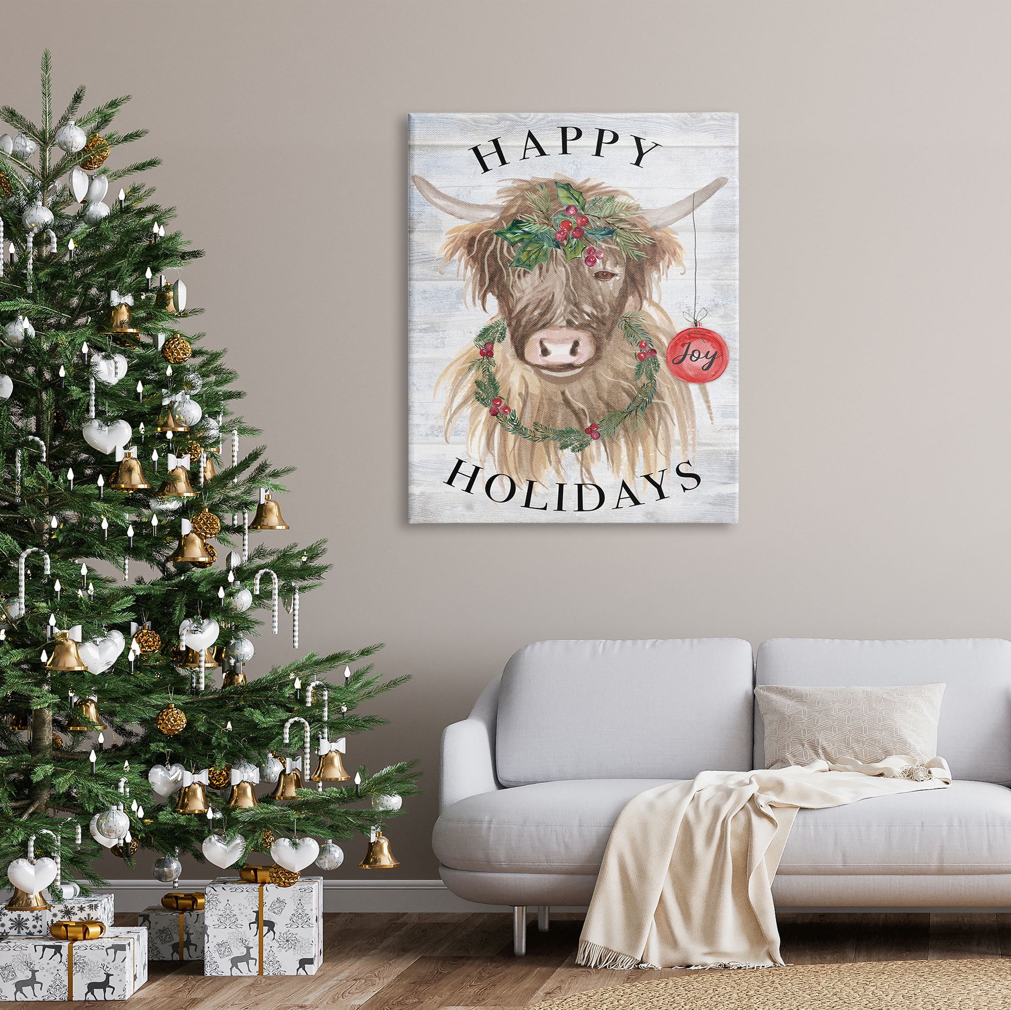 Stupell Industries Farmhouse Holiday Cow Holiday Painting Gallery Wrapped Canvas Print Wall Art, 36 x 48