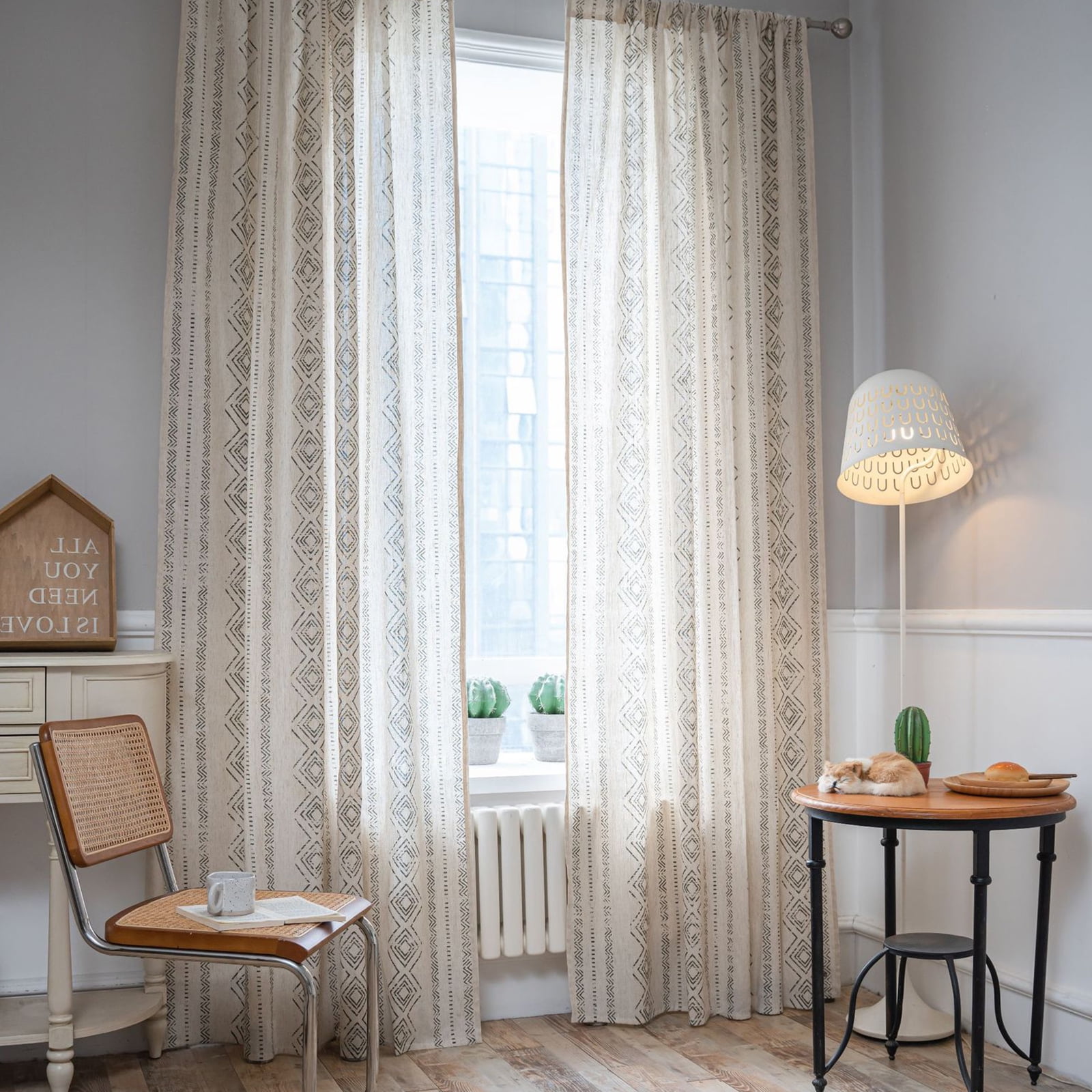 PixelForge Semi Blackout Linen Curtains Geometric Window Curtains 84 Inch Length Farmhouse Light Filtering Drapes for Living Room Bedroom 1 Panel,Beige