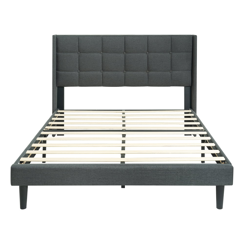 Tcbosik Upholstered Platform Bed Queen Size, Bed Frame with Button Tufted Headboard, Wood Slat Support, No Box Spring Needed (Linen Fabric, Dark Grey)