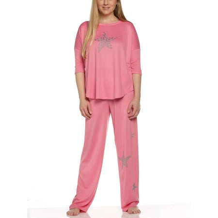 Hue Sleepwear Women's Sprinkle Star Long Knit Jersey 2 Piece Pajama Set, Morning Glory, Large