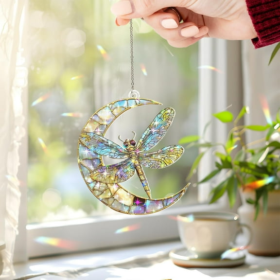 Dragonfly Moon Suncatcher, Hologram Acrylic Dragonfly Moon, Rainbow Prism Ornament, Nature Lover Gift, Whimsical Home Decor 4315317961 4281