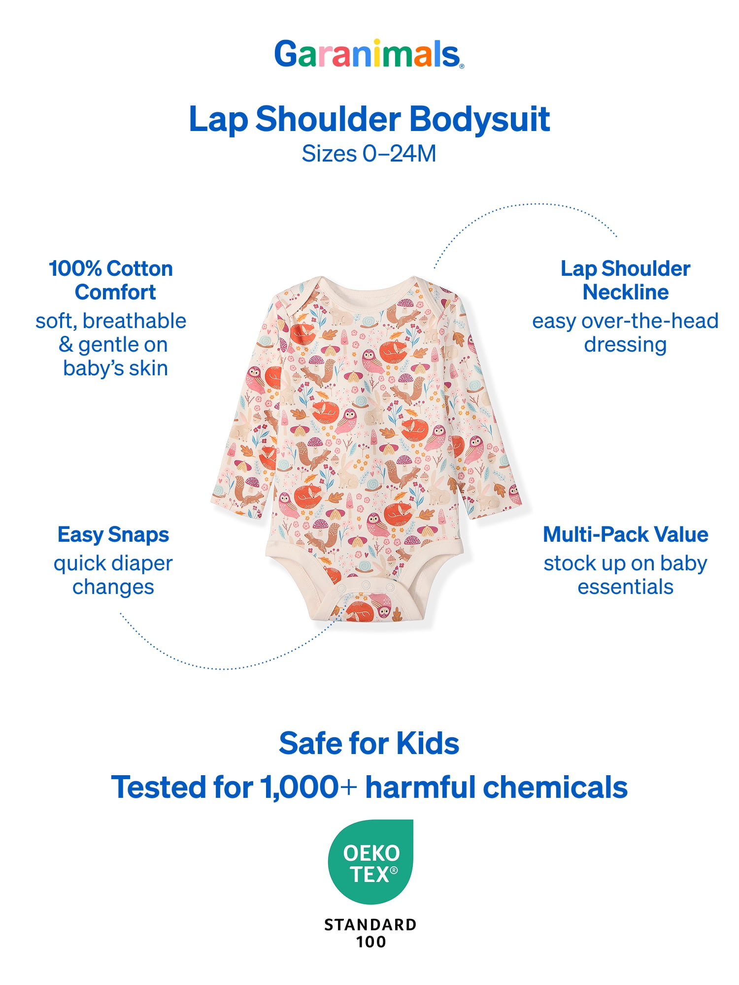 Garanimals Newborn & Baby 100% Cotton Long Sleeve Bodysuits, Sizes 0–24M, 4-Pack