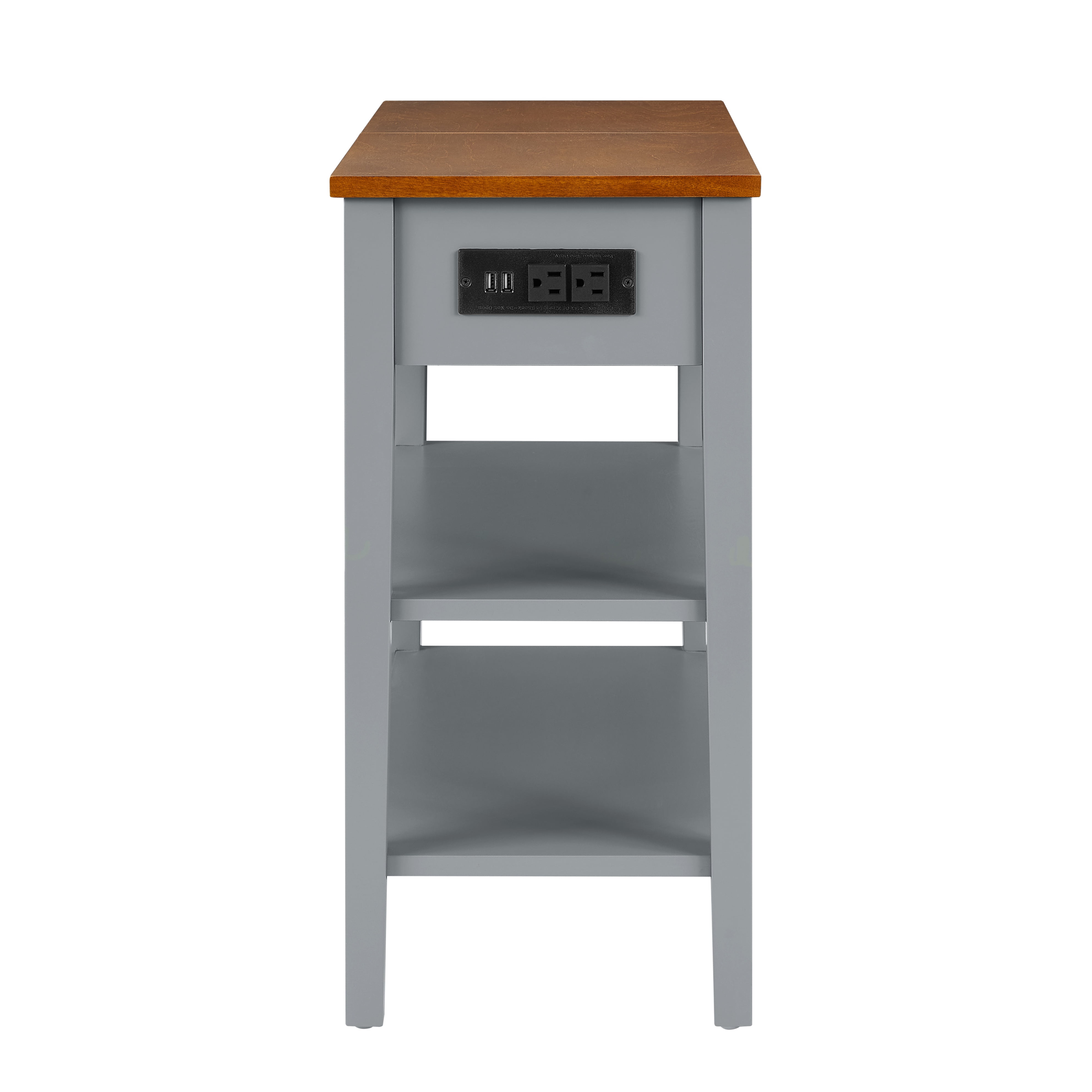 PORKISS End Table, Wooden Night Stand with USB Charging Ports and Open Shelves, Narrow Beside Table with Drawer, Flip Top and Solid Wood Legs, Modern Side Table for Living Room Bedroom, Gray/Walnut