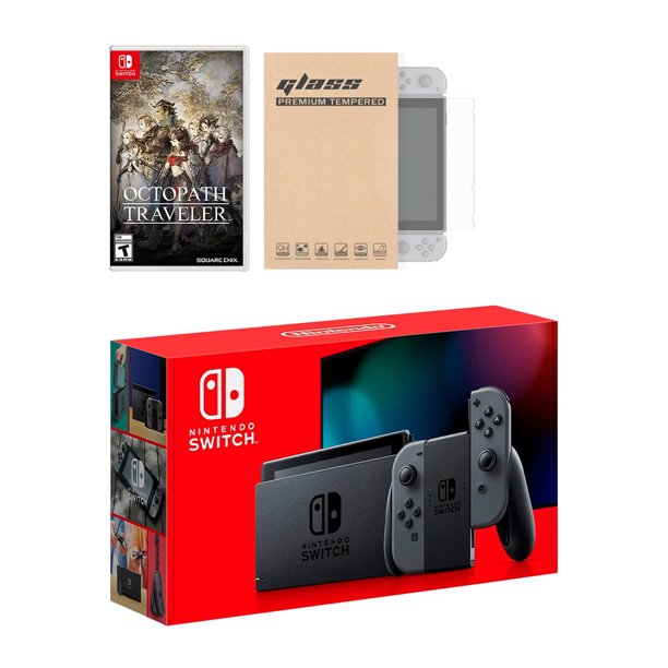 Nintendo Switch Gray Joy-Con Console Octopath Traveler Bundle, with Mytrix Tempered Glass Screen Protector - Improved Battery Life Console with the Best Turn-Based Role-Playing Game Nintendo HADSKAAAA