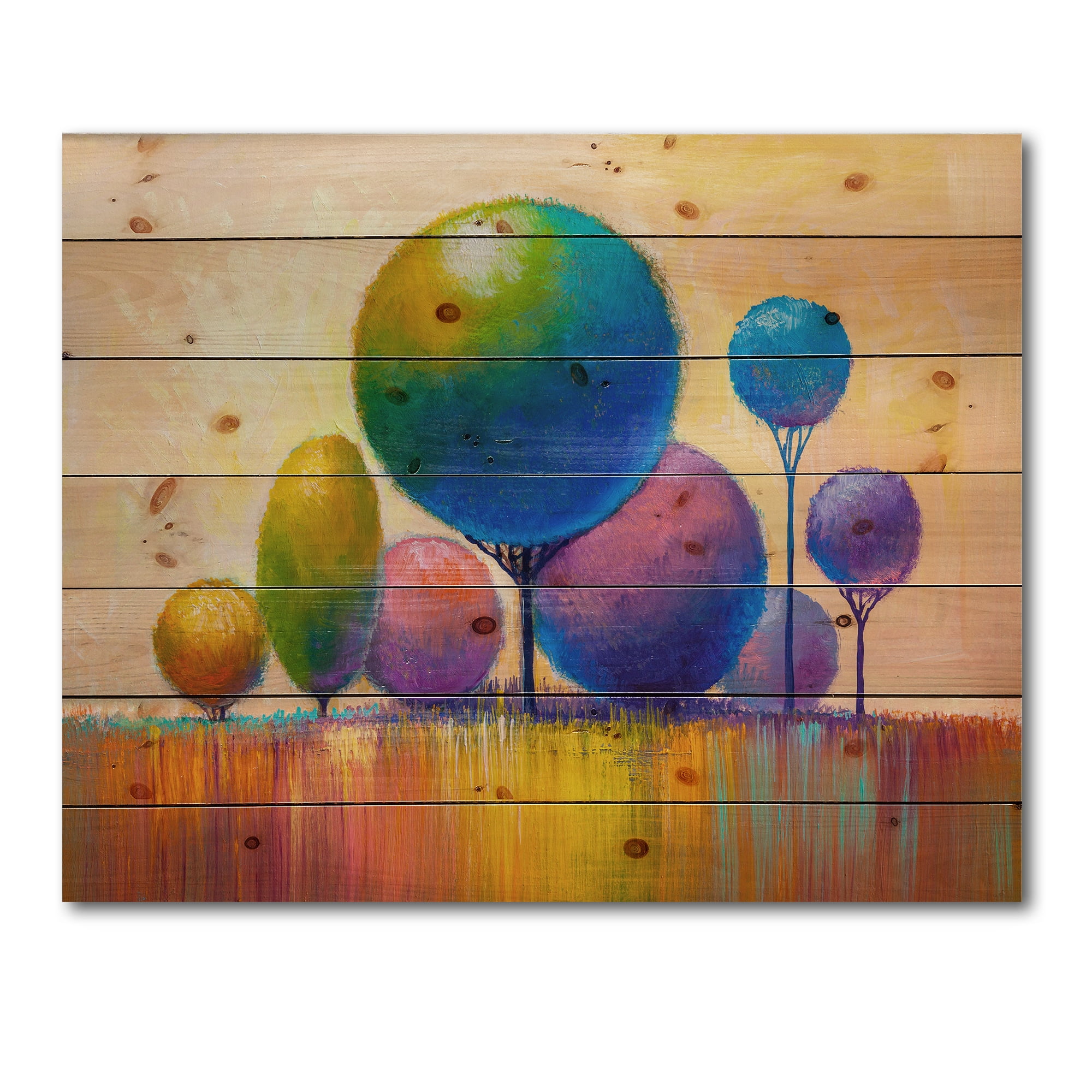 Designart 'Ornamental Colourful Trees VIII' Modern Print on Natural Pine Wood
