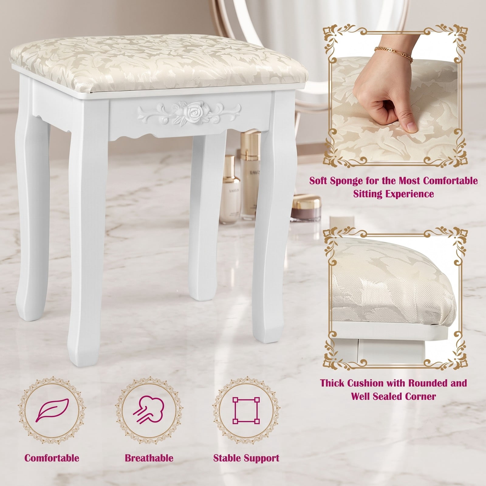 Furnibear Makeup Vanity Table Set with Dimmable Lighted Mirror 4 Drawers Cushioned Stool Wood Legs for Bedroom, White