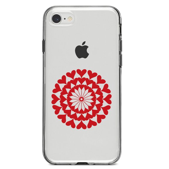 DistinctInk Clear Shockproof Hybrid Case for iPhone 7 8 SE (2020 Model) 4.7" Screen TPU Bumper Acrylic Back Tempered Glass Screen Protector - Red Hearts Mandala