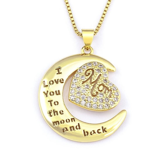 I Love You Mom Necklace Mom Family Relations Jewelry Moon Heart 14K Yellow Gold Pendant Necklace for Christmas Gifts Necklace for Women
