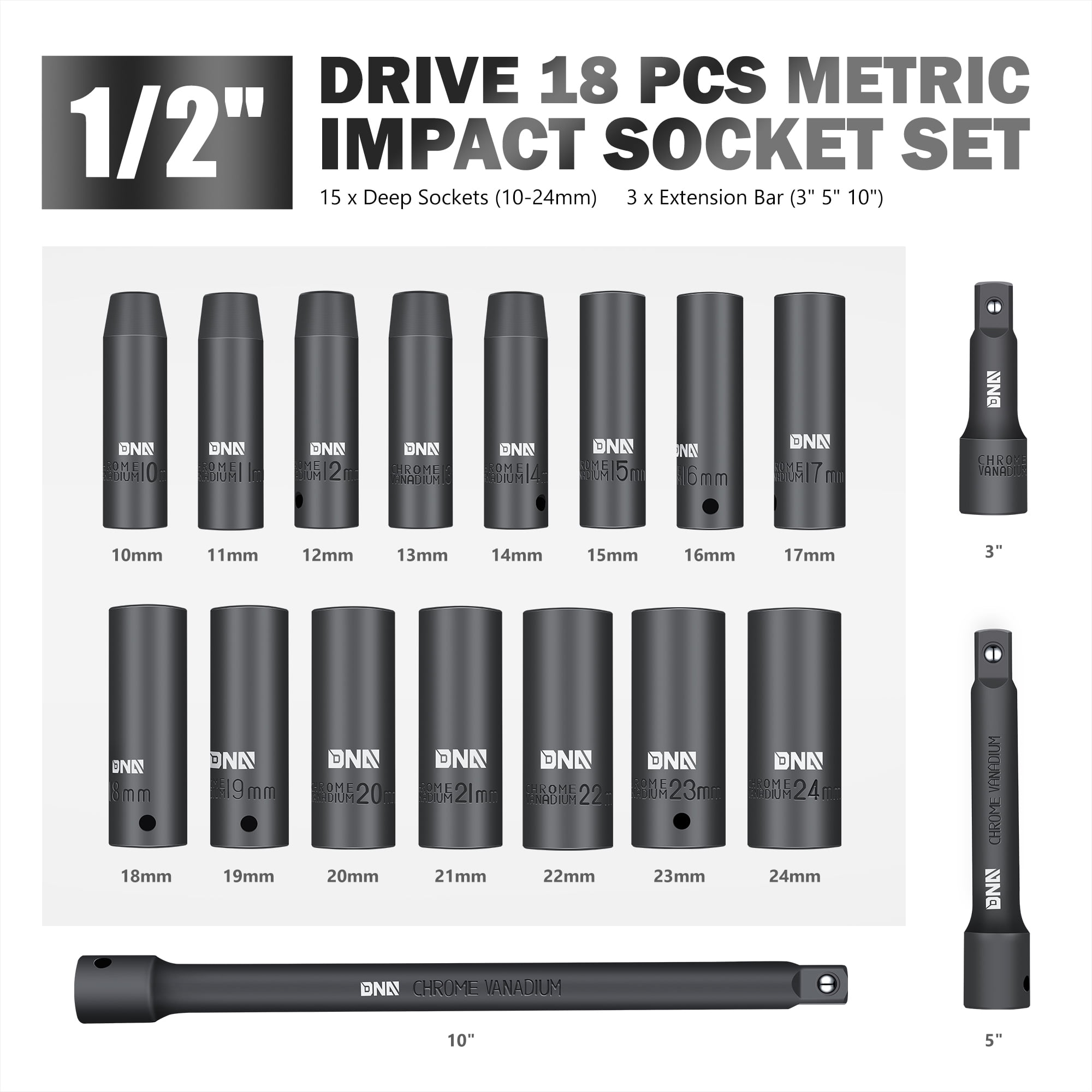 18-Pcs 1/2-Inch Drive Metric Impact Socket Set - 10-24mm, with 3'' 5'' 10'' Extension Bar, Cr-V