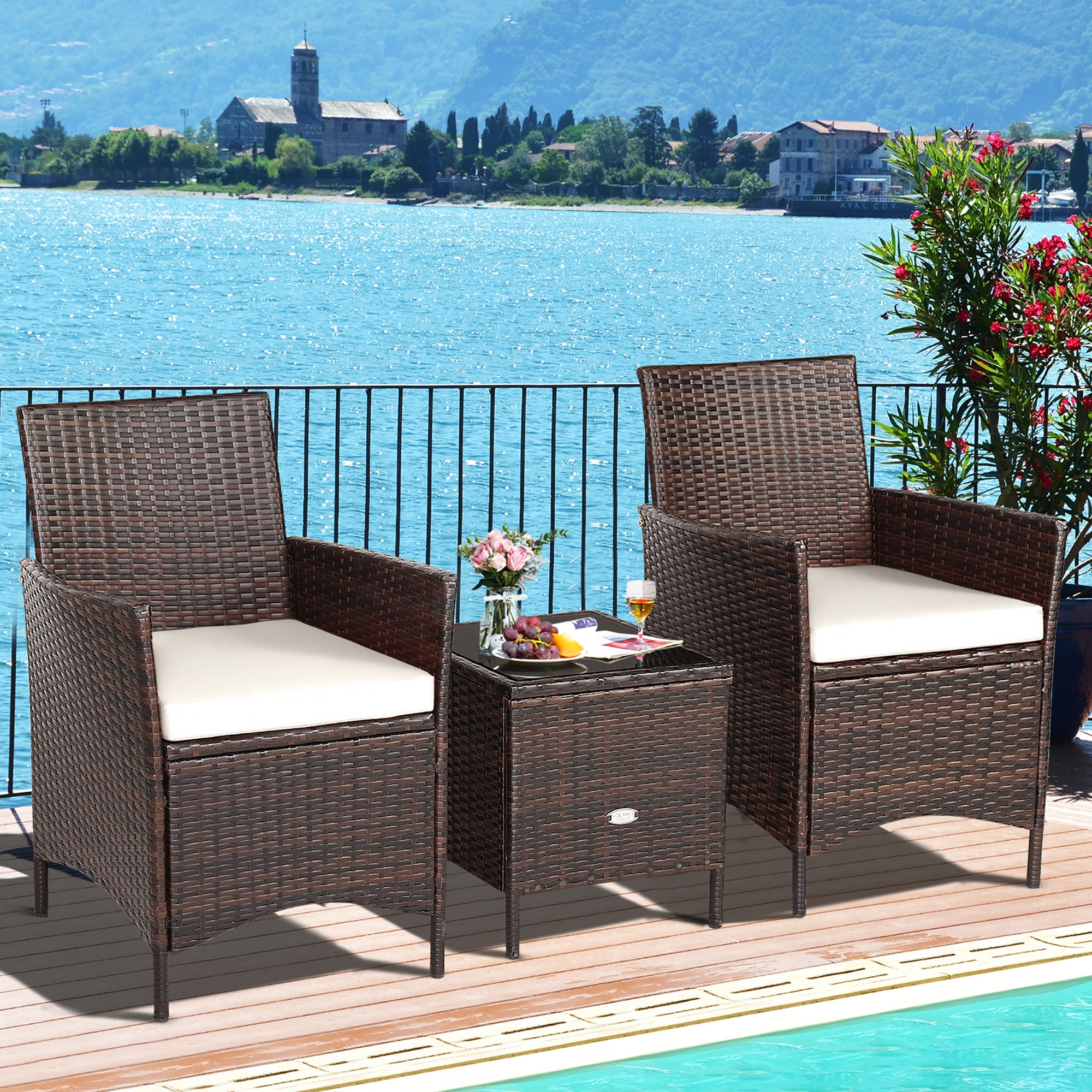 Costway 3PCS Patio Rattan Furniture Set Cushioned Sofa Glass Tabletop White