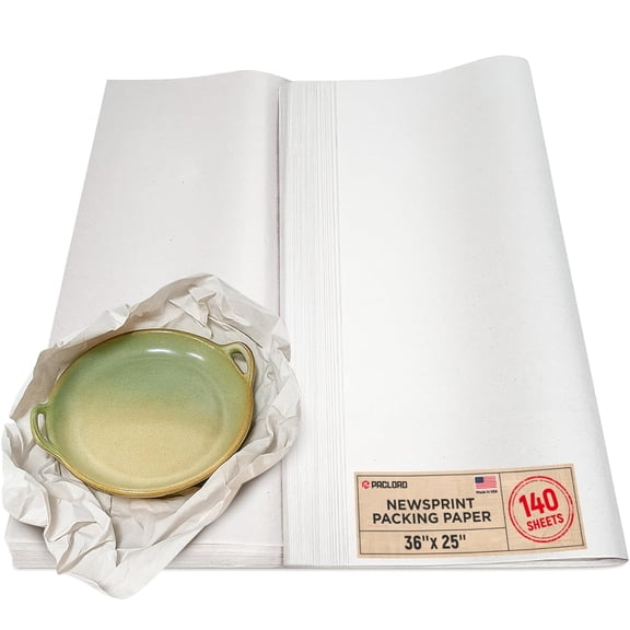 Paclord Newsprint Packing Paper Sheets, 36" x 25", 140 Sheets, Made in USA Newsprint Paper, Unwaxed, Uncoated - Bulk Packing Supplies for Moving, Shipping, and Wrapping Fragile items