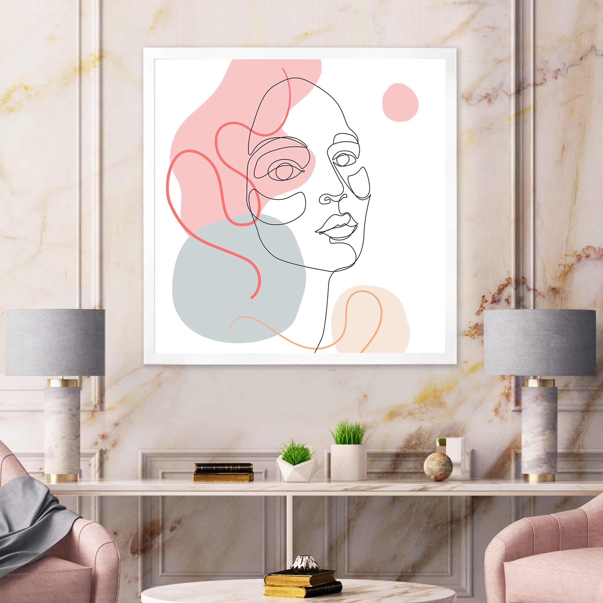 Designart 'One Line Drawing of Young Girl In Pastel Tones' Modern Framed Art Print